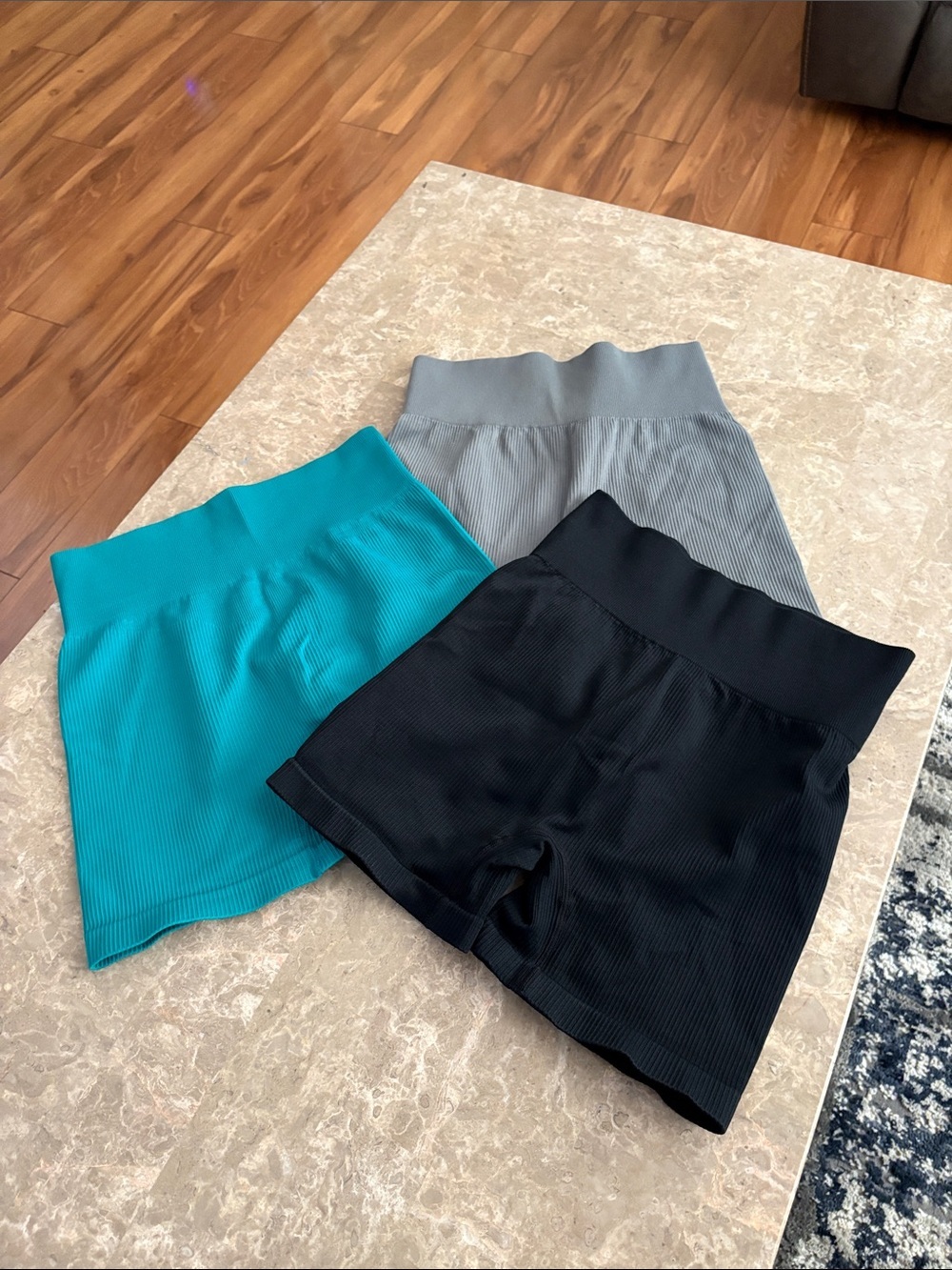 Amazon Ribbed High-Waist Bike Shorts Trio - Black, Teal, Gray